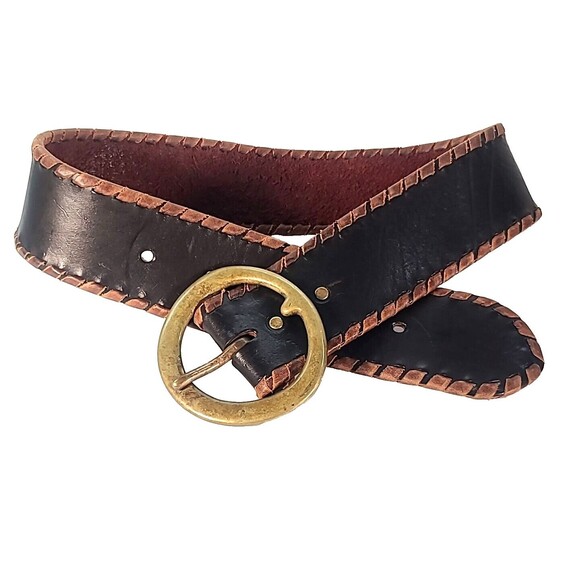 HTC Hollywood Trading Co Twisted Edge Stitch Leather Belt Brass Motorcycle -32 - Picture 11 of 11